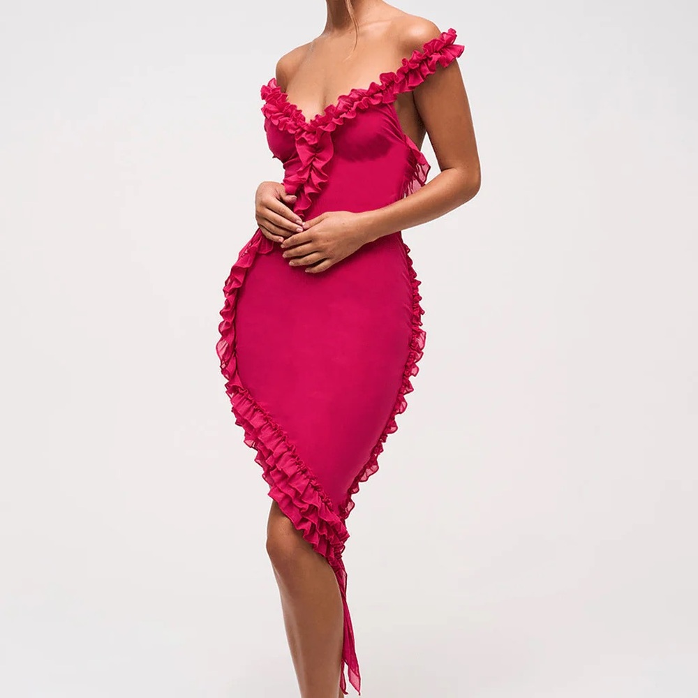 Murci UK Ruffle Midi Dress in Hot Pink